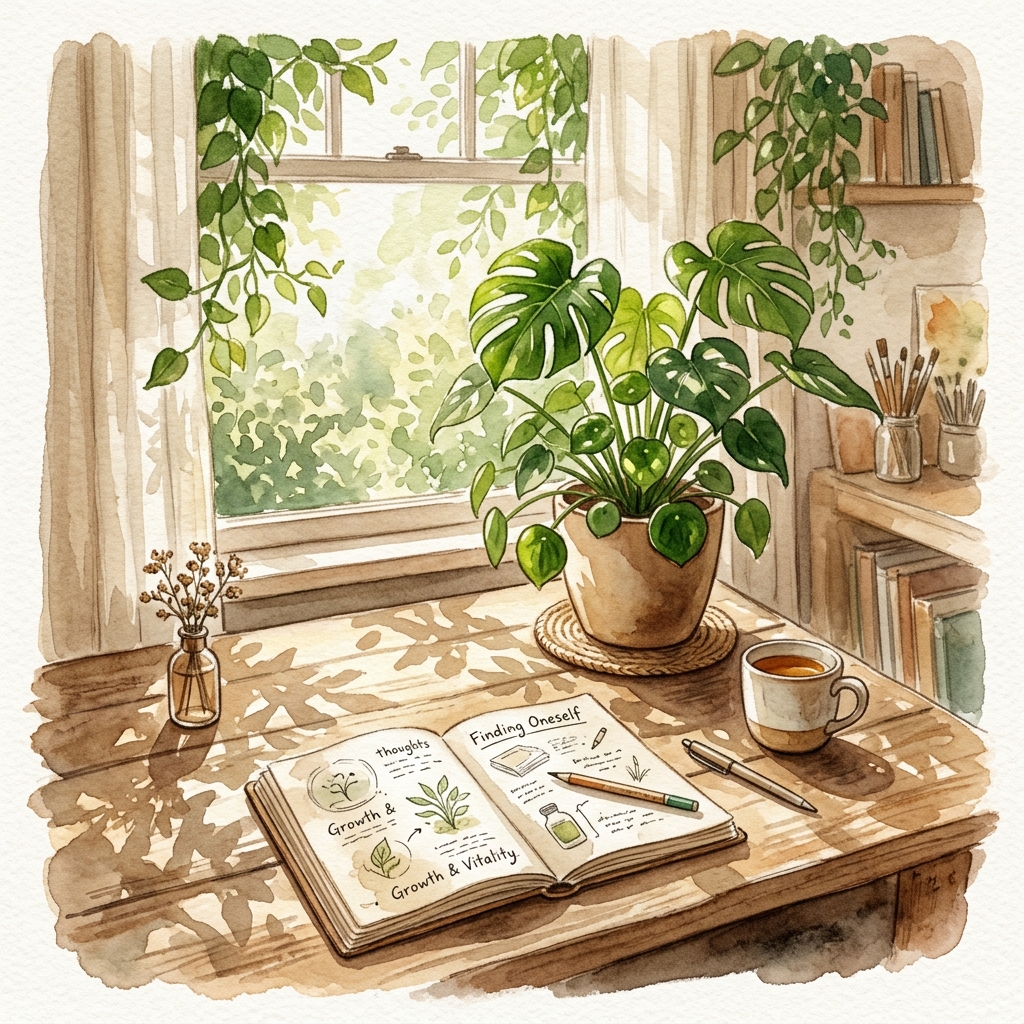 陽光灑落的綠色植物與書桌