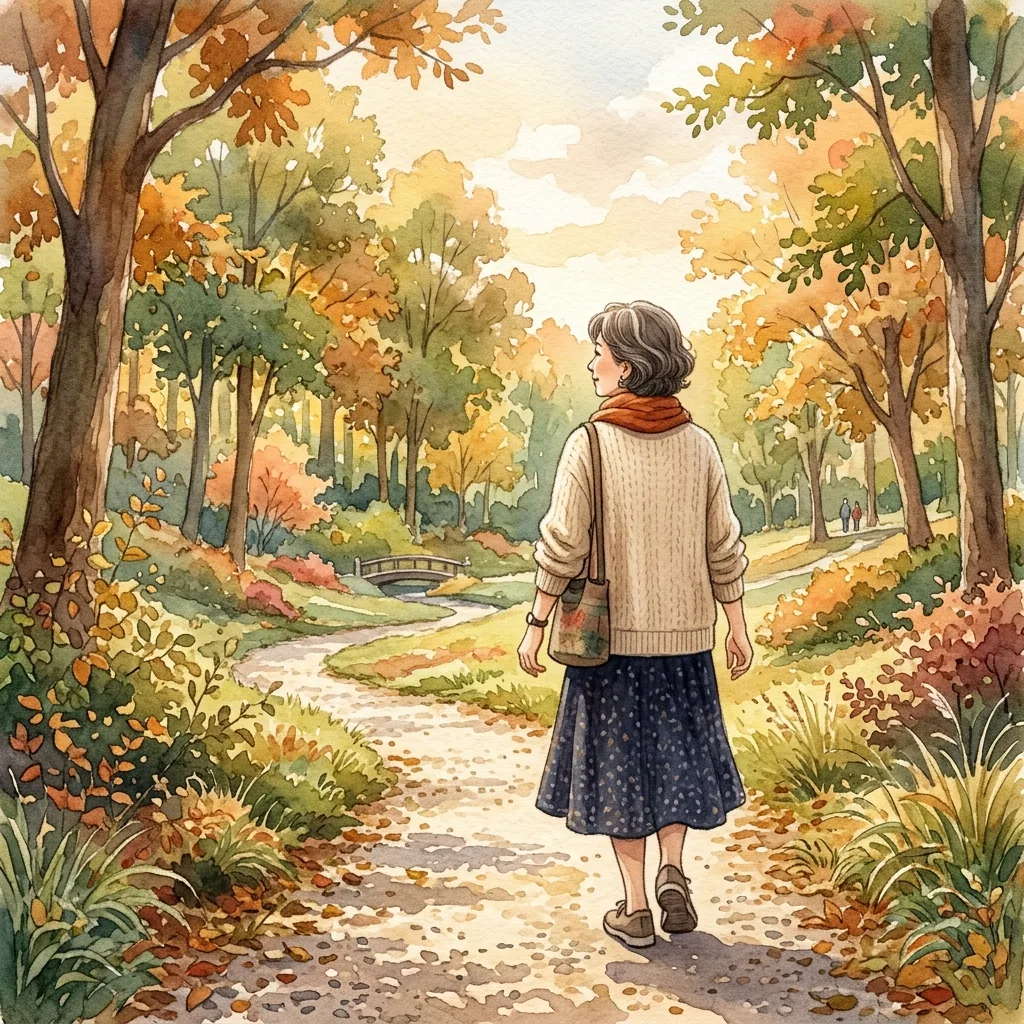 水彩插畫：五十多歲的女性在公園散步的背影