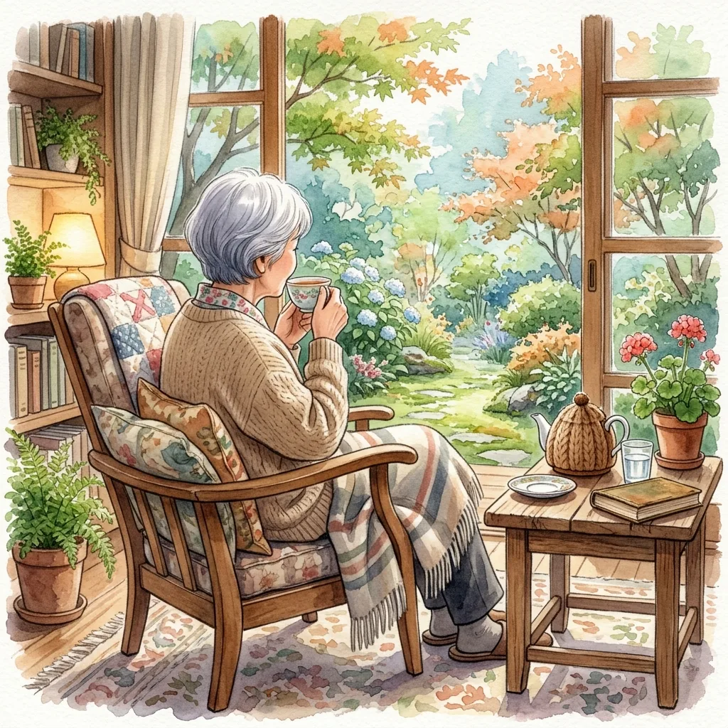 水彩插畫：六十多歲的女性坐在椅子上休養喝茶的背影